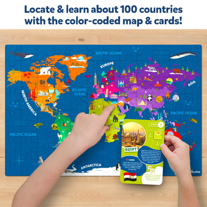 Color-coded World Map Puzzle with country cards for ages 6-12