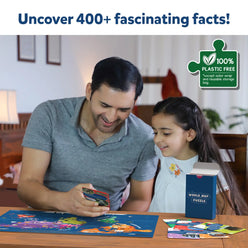 Colorful world map puzzle for kids ages 6 to 12, educational geographic game