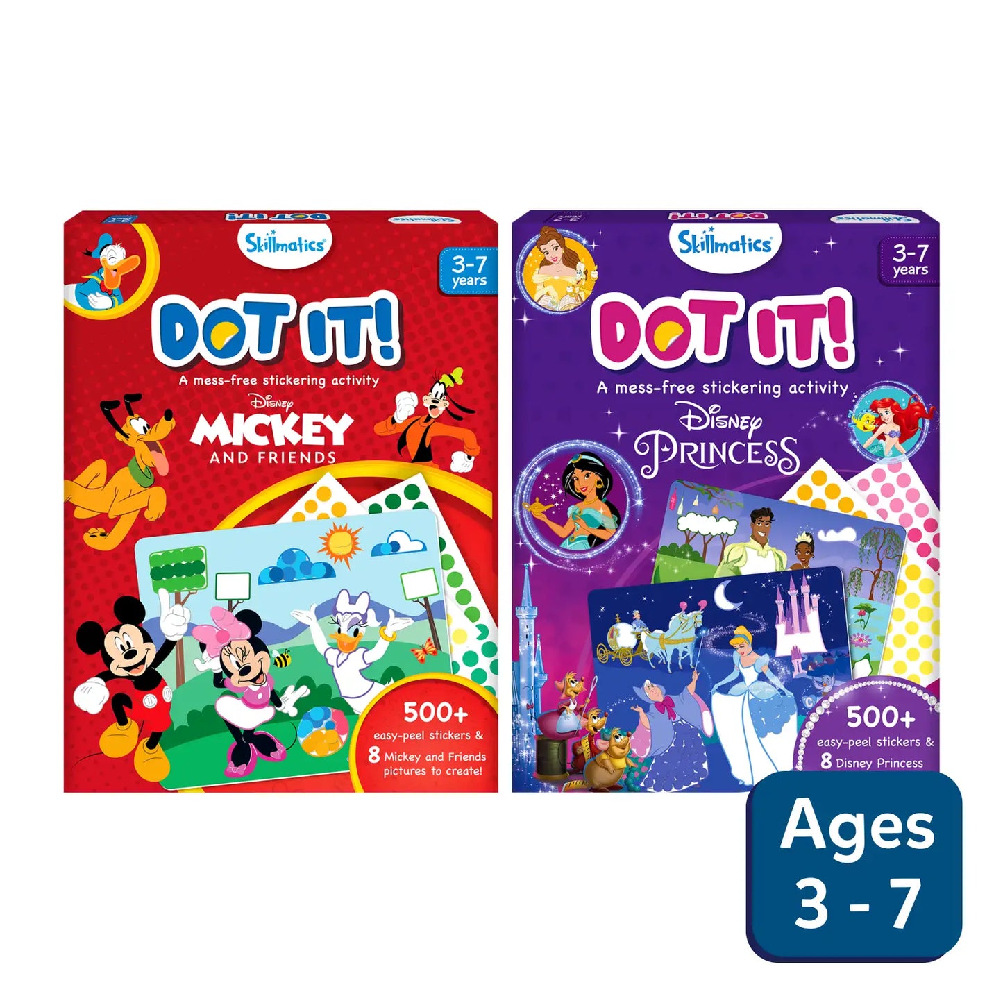 Two Disney sticker activity books featuring Mickey and Friends and Disney Princess characters