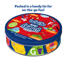 Round educational tin from Write and Learn reusable cards for toddlers ages 3 to 6