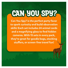 Advertisement for 'Can You Spy?' party favor with text and a deer illustration on a green background.