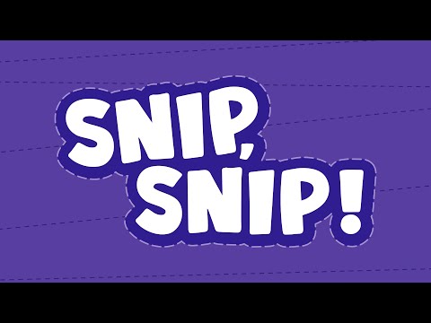 Promotional thumbnail for a YouTube video titled "Snip Snip! | Craft Kits & Supplies | Ages 3–7 | Skillmatics." The image features the words “SNIP, SNIP!” in large white letters with a dashed outline on a purple background, resembling cut-out lines. A play button is centered, indicating it's a video preview.