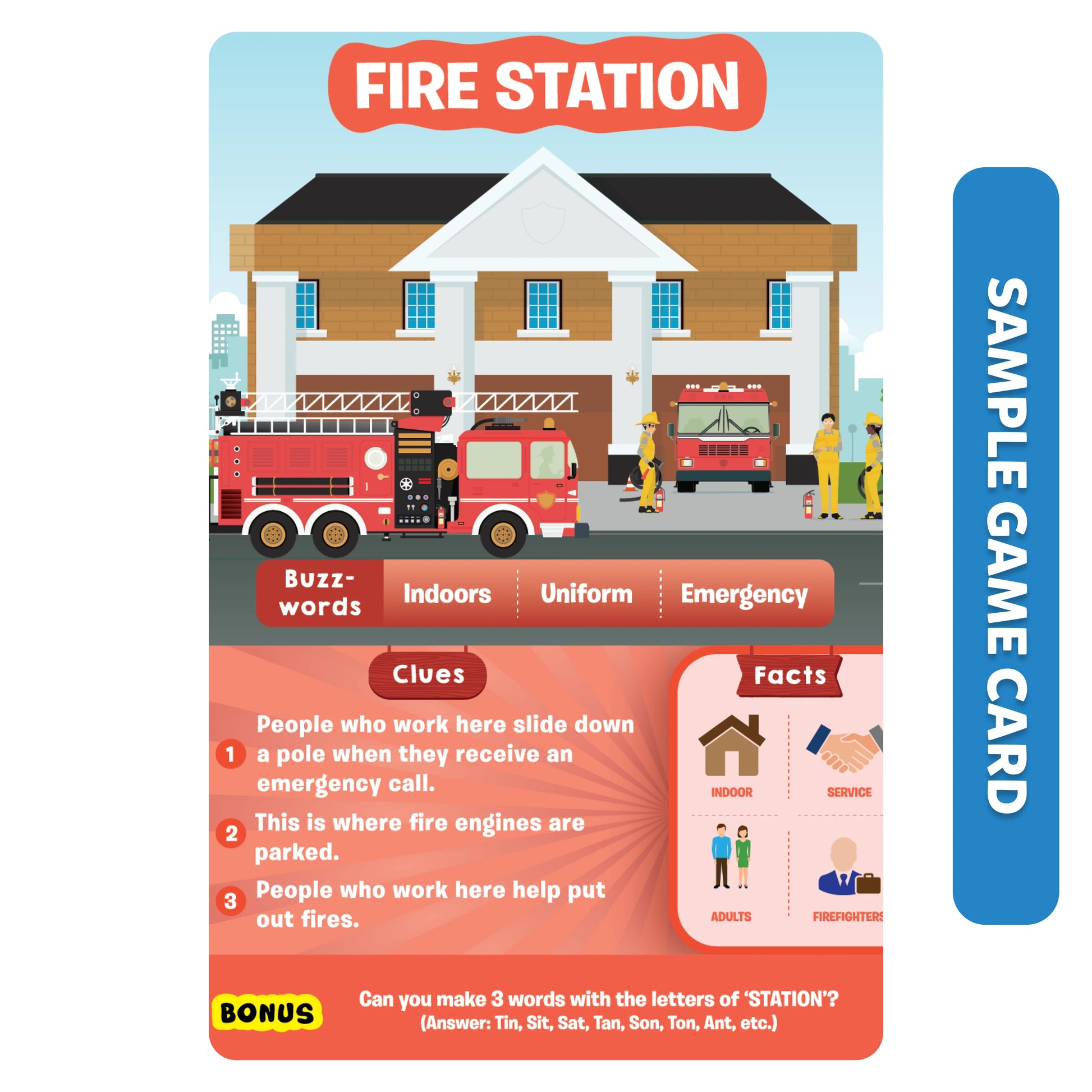 Fire station game card from Guess in 10 All Around The Town trivia card game for ages 6+