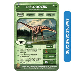 Dinosaur game card from Guess in 10 Deadly Dinosaurs trivia card game for ages 8+