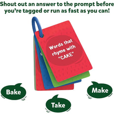 Colorful rhyming flashcards from Rapid Rumble Outdoor educational game for ages 6+
