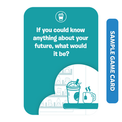 Teal Train of Thought family conversation starter card with futuristic question for ages 6+